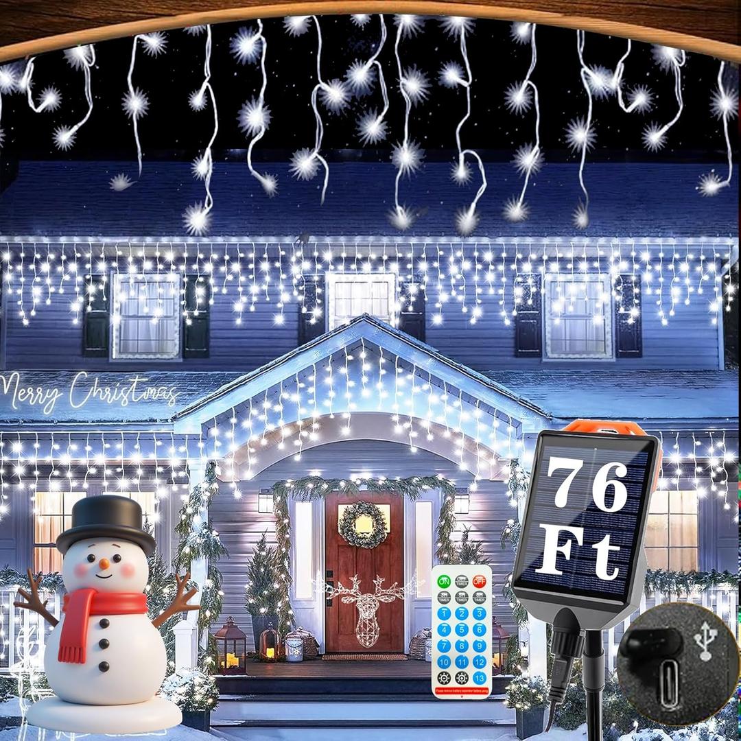 Upgraded 640LED Solar Christmas Icicle Lights Outdoor Waterproof,60+16FT 13 Modes & USB Rechargeable Solar Powered Icicle Light for Roof House Yard Christmas Outdoor Decoration (Cool White)
