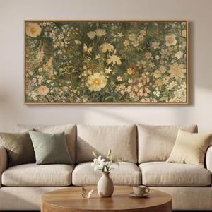 Large Framed Vintage Botanical Wall Art for Living Room, Rustic Retro Floral Canvas Painting Prints, Antique French Garden Flower Pictures for Farmhouse Bedroom Dining Room Wall Decor, 30x60 Inch