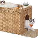 Feandrea Cat Litter Box Enclosure, Handwoven Rattan Hidden Litter Box Furniture with Extra Litter Mat, Removable Washable Tray, Boho Cat House, End Table, Goose Yellow UPCL014K01