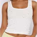 SOLY HUX Women's Rhinestone Crop Tank Top Y2K Ribbed Scoop Neck Sleeveless Fitted Vest Shirts Streetwear (White, XS)