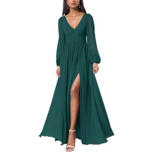 firfig Women Mesh Deep V Neck Open Back Sheer Long Sleeve Slit Leg Bridesmaid Maxi Dress Cocktail Party Wedding Guest Dresses (Large, Dark Green)