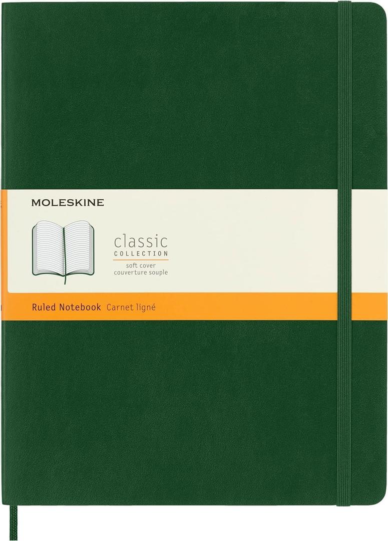 Moleskine Classic Notebook, Soft Cover, XL (7.5" x 9.5") Ruled/Lined, Myrtle Green, 192 Pages