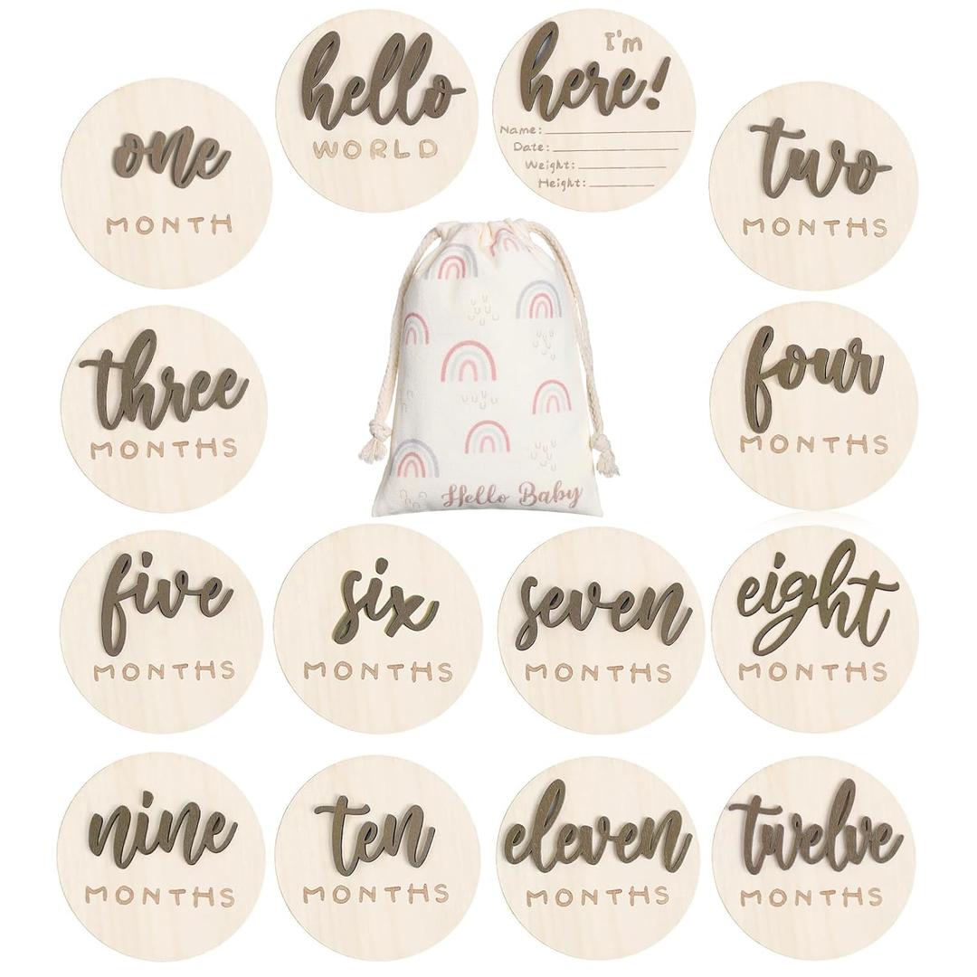 3D Baby Milestone Wooden Circles Hello World Newborn Sign 7 Pack Double Sided Monthly Milestone Cards Sign Baby Announcement Sign for Newborn Shower Photo Props(Brown)
