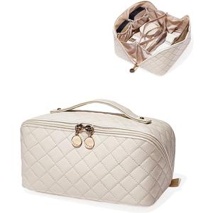 EACHY Travel Makeup Bag,Large Capacity Cosmetic Bags for Women,Waterproof Portable Pouch Open Flat Toiletry Bag Pattern Makeup Bag (Medium, FC-Beige)