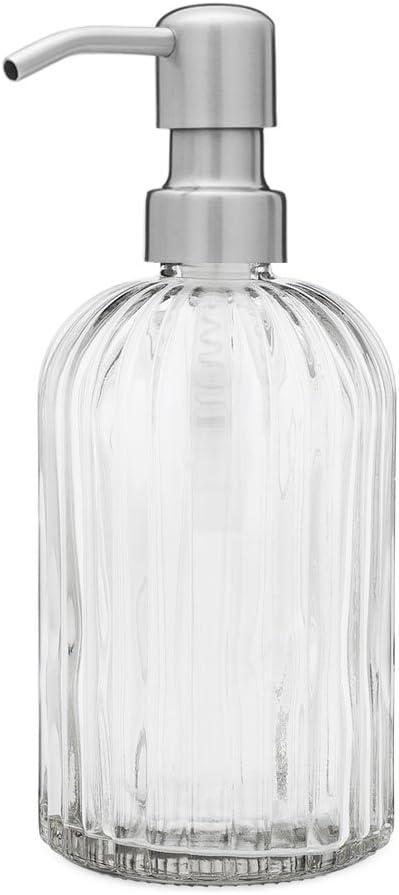 Rail19 Fluted Glass Nouveau Soap Dispenser with Metal Soap Pump - Lotion & Liquid Hand Soap for Kitchen and Bathroom, 12oz (Farmhouse Stainless)