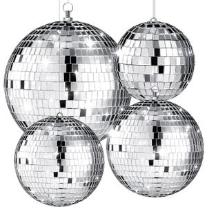 4 Pcs Large Disco Ball Decor - Silver Hanging Mirror Disco Balls Ornament for Stage Club Prom Props 70s Weddings Dance Music Birthday(12, 8, 6, 4 Inch)