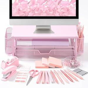 Kosiz 21 Pcs Pink Office Desk Organizers and Accessories Computer Monitor Stand with Drawer Pen Holder Stapler Tape Dispenser Sticky Note Clips Pen Highlighter Scissors Aesthetic Accessories for Woman