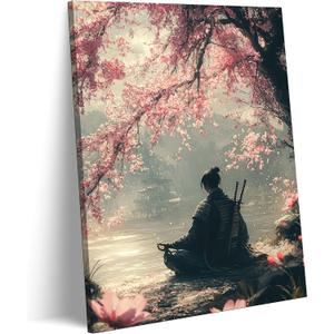 Japanese Sakura Samurai Canvas Wall Art Traditional Bushido Wall Decor Picture Asian Japanese style Cherry Blossoms Warrior Poster Print for Living Room Bedroom 16x24in Ready To Hang