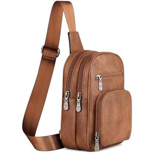 FADEON Sling Bags for Women Crossbody Bags, Designer PU Leather Sling Purse Multi-Pocket Packs with Card Slot Purse Brown