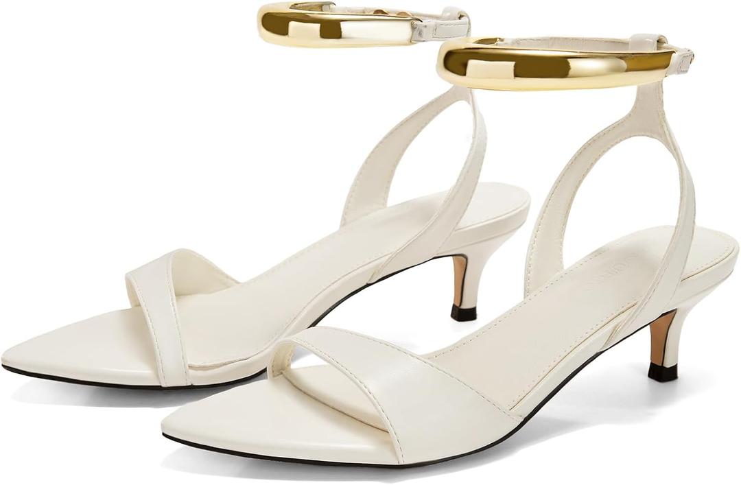 Coutgo Womens Low Kitten Heels Sandals Strappy Pointed Open Toe One Strap Metal Summer Dress Shoes (White, 11)