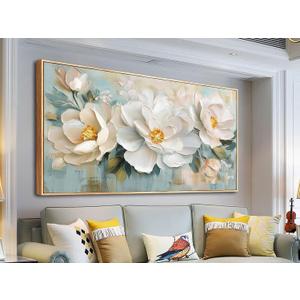 Enartly Extra White Flowers Framed Wall Art for Living Room, 3D Textured Floral Canvas Painting Sage Florals Picture Artwork for Bedroom Dining Room Kitchen Home Office Wall Decor, 58"x29"