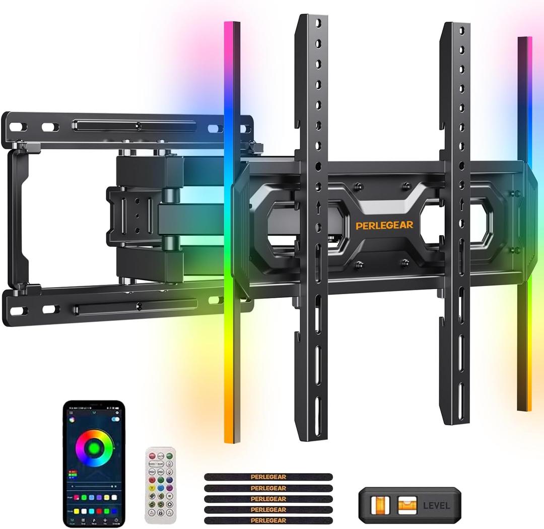Perlegear Pre-Assembled TV Wall Mount with LED Lights for 26-65 inch TVs up to 99 lbs, Max VESA 400x400mm, Swivel, Extension, Tilt, TV Backlights with Music Sync, Fits 16/12 Wood Studs, PGMF20