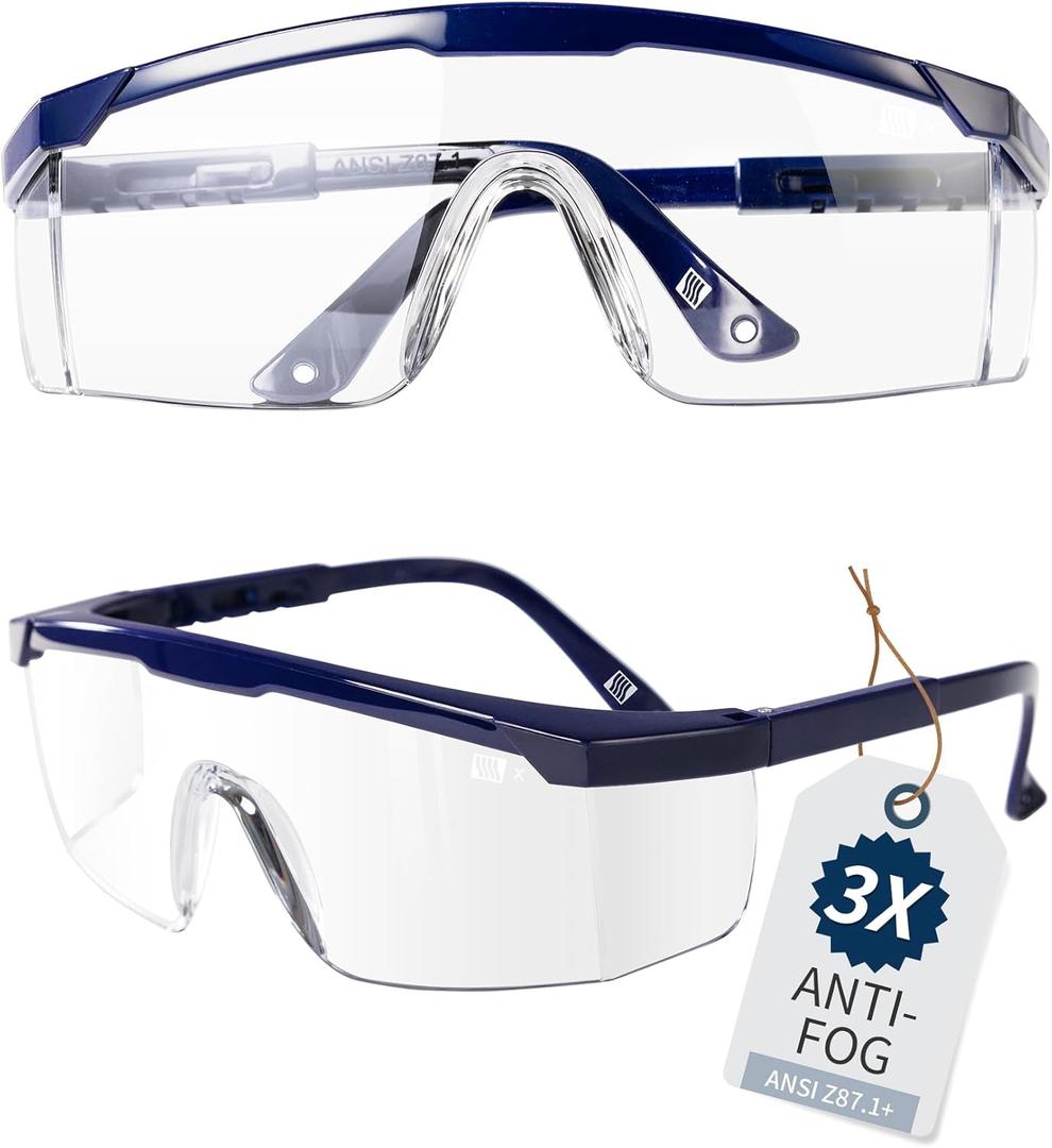 LANON Anti-Fog Safety Goggles with Adjustable Temples, 2.5 Times ANSI Z87.1 Double-sided Antifog, Side Protection, High Transmission, Lightweight & Comfortable Safety Glasses