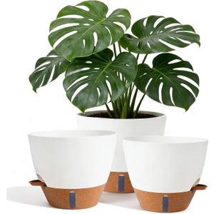 8/9/10 Inch Large Self Watering Pots, Plastic Flower Pots with Multi Mesh Drainage Holes and Water Level Indicator & Deep Reservoir for Indoor Outdoor Garden Plants and Flowers (White)