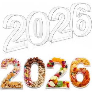 4 Pcs Acrylic 2026 Number Charcuterie Board Fillable, 2026 New Year Party Supplies 10" Charcuterie Board Food Serving Trays for Fruit Cheese Snack Party Decorations
