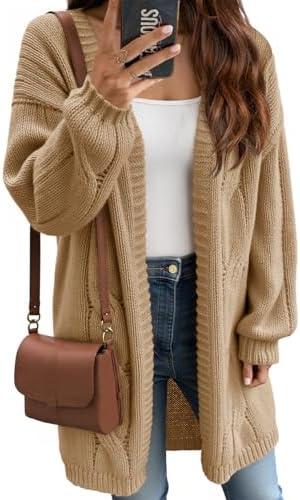 Saodimallsu Womens Fall Cable Long Cardigans Lantern Sleeve Knit Open Front Chunky Loose Fit Sweater Coats, L