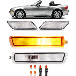 HECASA 4 PCS Halogen Front Bumper Light+Side Marker Light Compatible with 1996-2002 BMW E37 Z3 Roadster/M Coupe/M Roadster Replacement for 63148400409 63148400410 w/Bulbs Clear Lens Left&Right Side