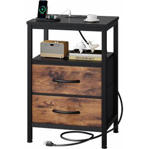 OLIXIS Nightstand with Charging Station, Bedside Table with USB Ports & Type-C, 2 Fabric Drawers Night Stand with Open Shelf, Compact End Table for Bedroom, Black & Rust, 15.7"Dx11.8"Wx23.6"H