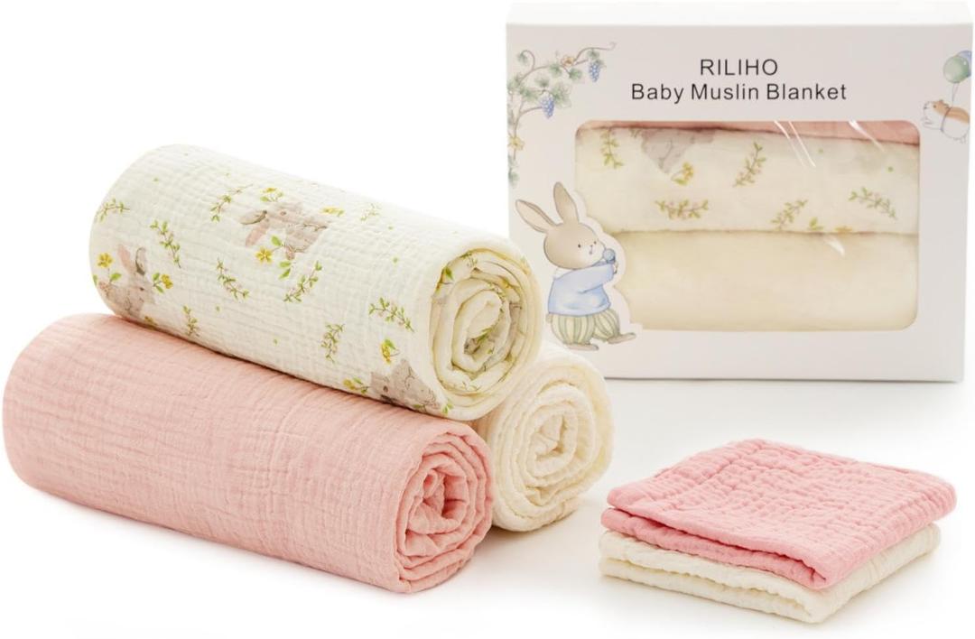 5 Pack Muslin Swaddle Blankets & Baby Burp Cloths, Soft & Breathable Cotton Baby Blankets, Receiving Blankets for Newborn Girl, Nursery Infant Essentials, Swaddling Wrap for Unisex (Pink & White) (1 - Pink & Ivory, Rabbit)