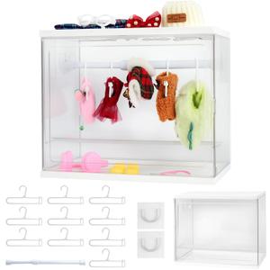 2 x Clear Doll Wardrobe Storage Box Compatible with 15/17cm Doll Clothes & Accessories, Clear Display Box Shelf, Includes 10 Hangers, 1 Rod & 2 Supports, Stackable