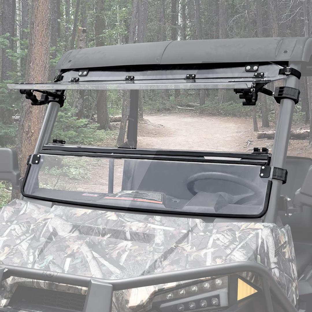 SAUTVS Flip Up Windshield for Polaris Ranger Midsize 570 500 2015-22/SP 570 | 3-IN-1, Closed Vented Open, Clear 1/5" Hard Coated Polycarbonate Front Flip Full Windscreen Window, Weatherproof Seals