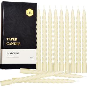 12 PCS Natural Beeswax Spiral Taper Candles Bulk - Organic Dripless Long Candle Sticks for Dinner Wedding Party Christmas Home Decorations - 10 Inch Tall - Off White