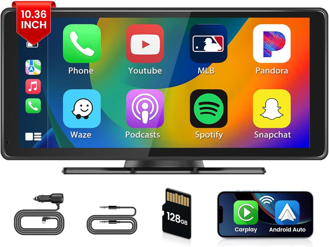 Wireless Car Play Portable Car Stereo with 128G TF Card, 10.36 Inch HD IPS Touchscreen Bluetooth Car Radio, Wireless Android Auto, Mirror Link, Car Audio Receiver, AUX