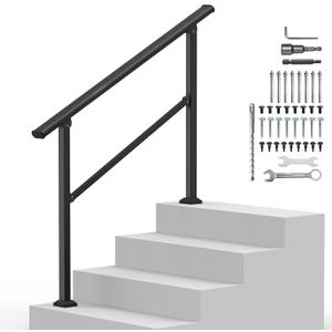 Outdoor Handrails for 3-4 Steps, Stair Railing Kit for Concrete & Porch Steps, Adjustable Black Iron Hand Rail for Seniors, Easy Installation, Retro Arch Design