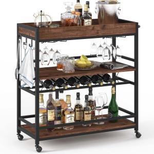 Rolling Bar Cart on Wheels for Home with Wine Rack, Glass Holder, 3-Tier Wood Beverages Carts, Size: 14.17"D x 37.01"W x 35.23"H
