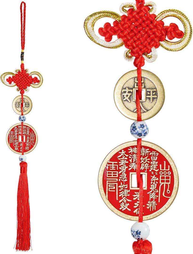 Feng Shui Solid Brass Feng Shui Lucky Coin with Cinnabar, Wealth Protection Amulet Hanging Charm for Home Car Mirror Decor, Safe Travel Talisman Festival Housewarming Gift (Safe Travel Talisman)