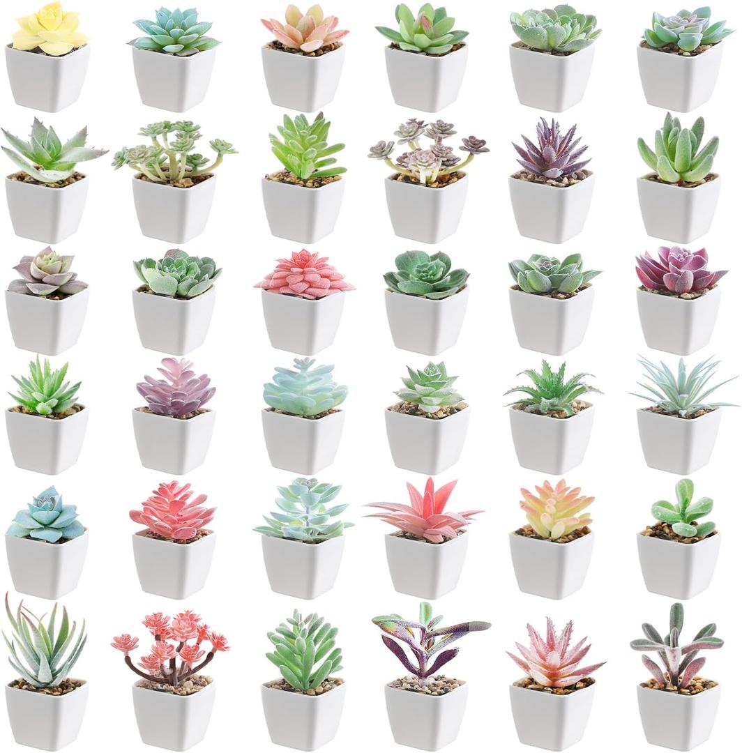 36 Pieces Mini Artificial Succulent Plants Potted Assorted Decorative Fake Succulent Plants with Pots Set Small Plastic Faux Succulents in Pots for Room Bookshelf Desk Bedroom Bathroom