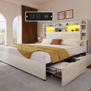 YITAHOME Queen Bed Frame with Bookcase Headboard and 4 Storage Drawers, RGB LED Bed Frame with USB Charging Station Storage Headboard Bed, No Box Spring Needed, Noise Free, Antique White