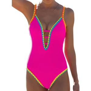 popvil Women One Piece Swimsuit Tummy Control Deep V Neck Neon Cute Bathing Suit Back Tie Swim Suits 2025 Summer (Small, Rose Red)