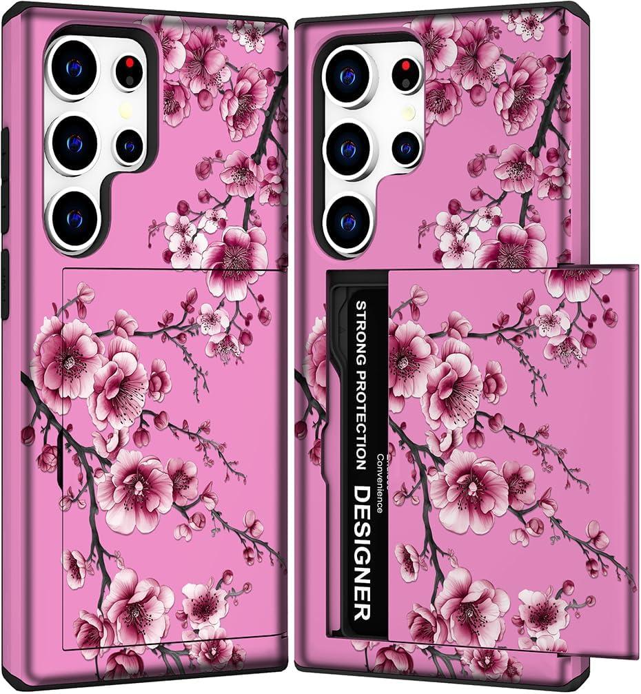 Compatible with Samsung Galaxy S24 Ultra Case Wallet Cute for Women with Design,Rugged Credit Card Holder Slot Protective Phone Skin Cases - Pink Cherry Sakura Blossom