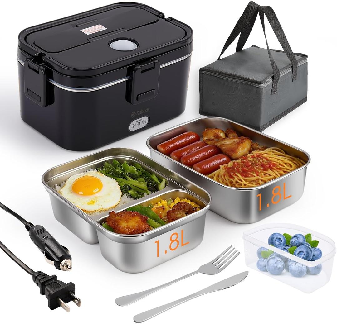 Kabbas 1.8L Portable Electric Lunch Box for Adults, 100W Heated Lunch Box for Men with Removable Dual Container, Fast Heating Food Warmer, 12V/24V/110V for Car, Truck, Office (Black)