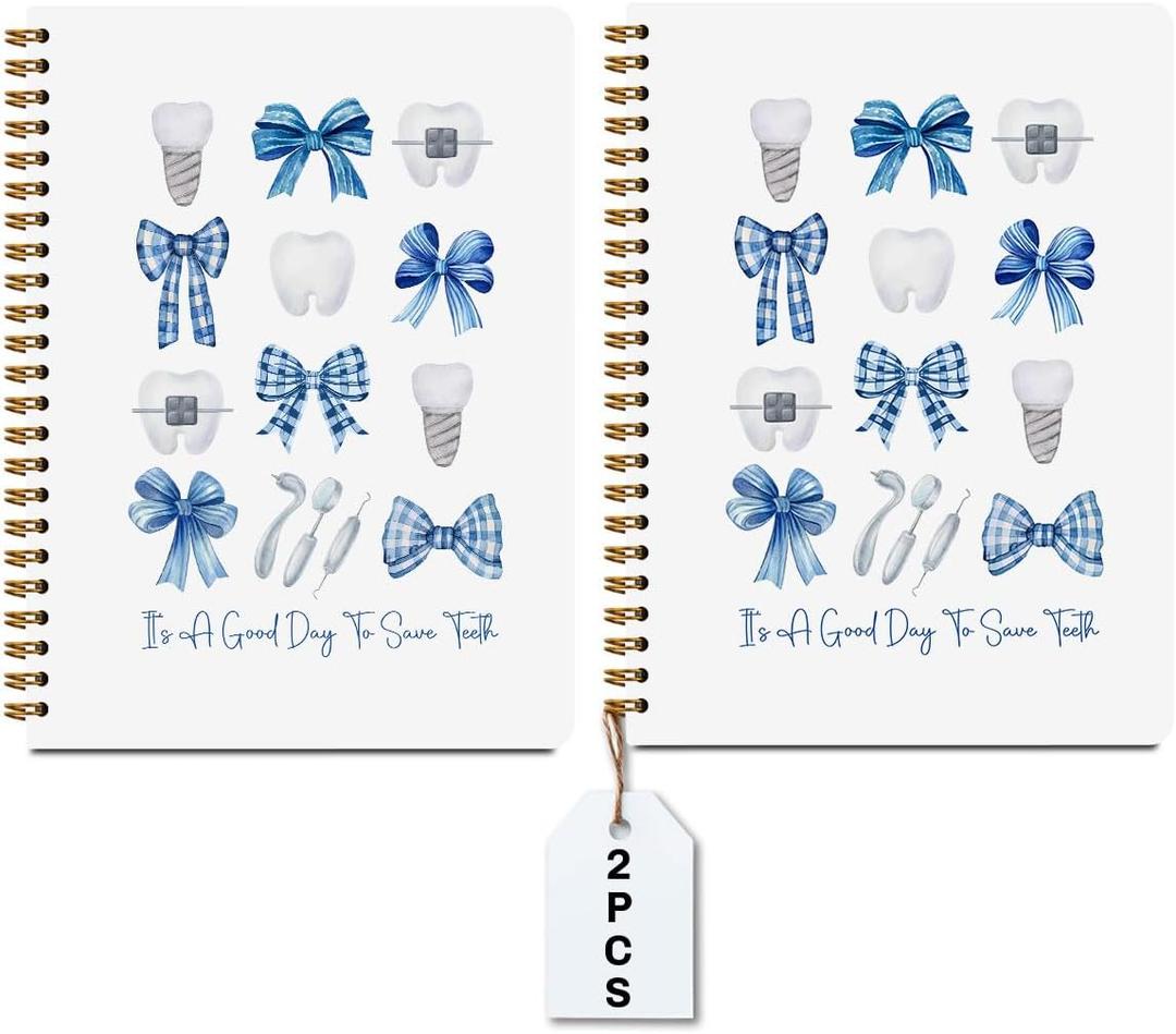 CFGBFDGH 2Pcs Blue Bow Spiral Notebooks for Work, Dental Hygienist Gifts for Women Coworker, A5 Hardcover Notebook Journal, Blue Notebook Travel Journal for Writing Office Note Taking, 8.3x5.8inch