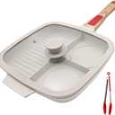 3 Section Grill Pan for Stove Tops with Detachable Handle, Nonstick Versatile Griddle Pan with Lid, Square Skillet PFOA Free, White