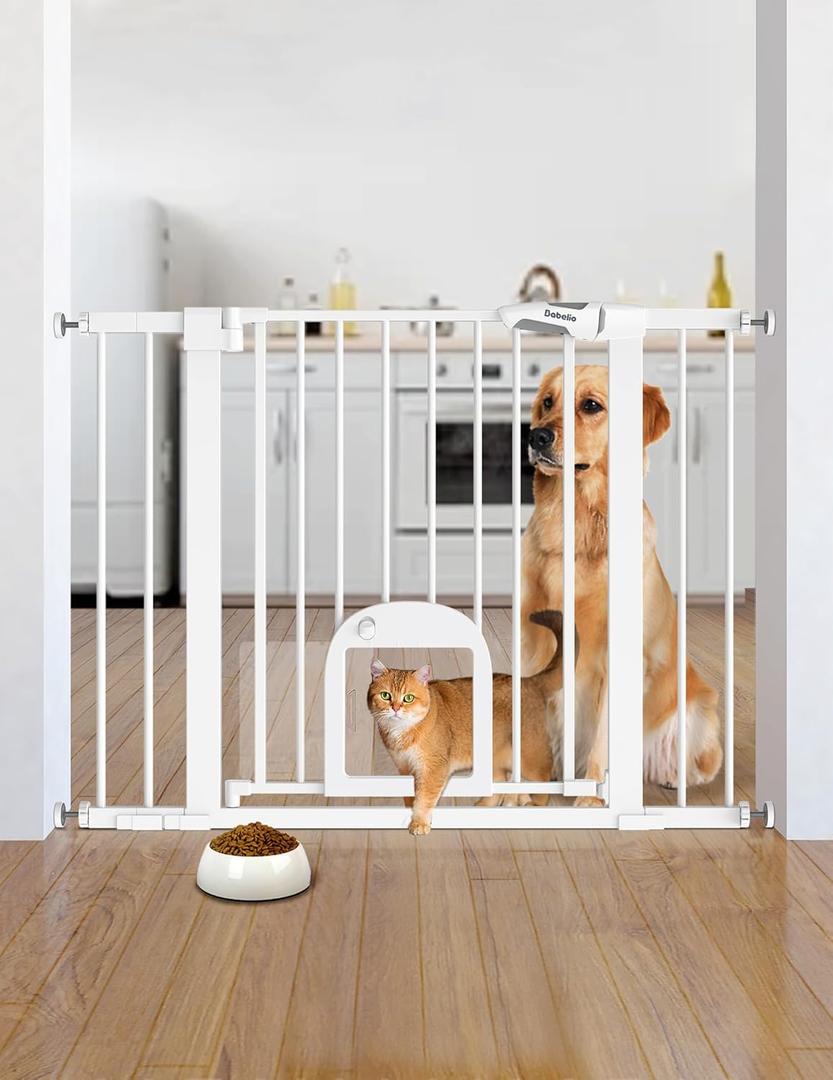 Babelio Baby Gate with Adjustable Cat Door,29-43" Auto Close Durable Pet door for Stairs,Doorways and House,Pressure Mounted,Easy Install,Effortless Walk Thru,White