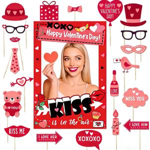 Valentines Day Photo Booth Props Frame, Love Heart Kiss Selfie Photobooth Props, Happy Valentines Day Photo Props for Wedding, Anniversary & Party Decorations
