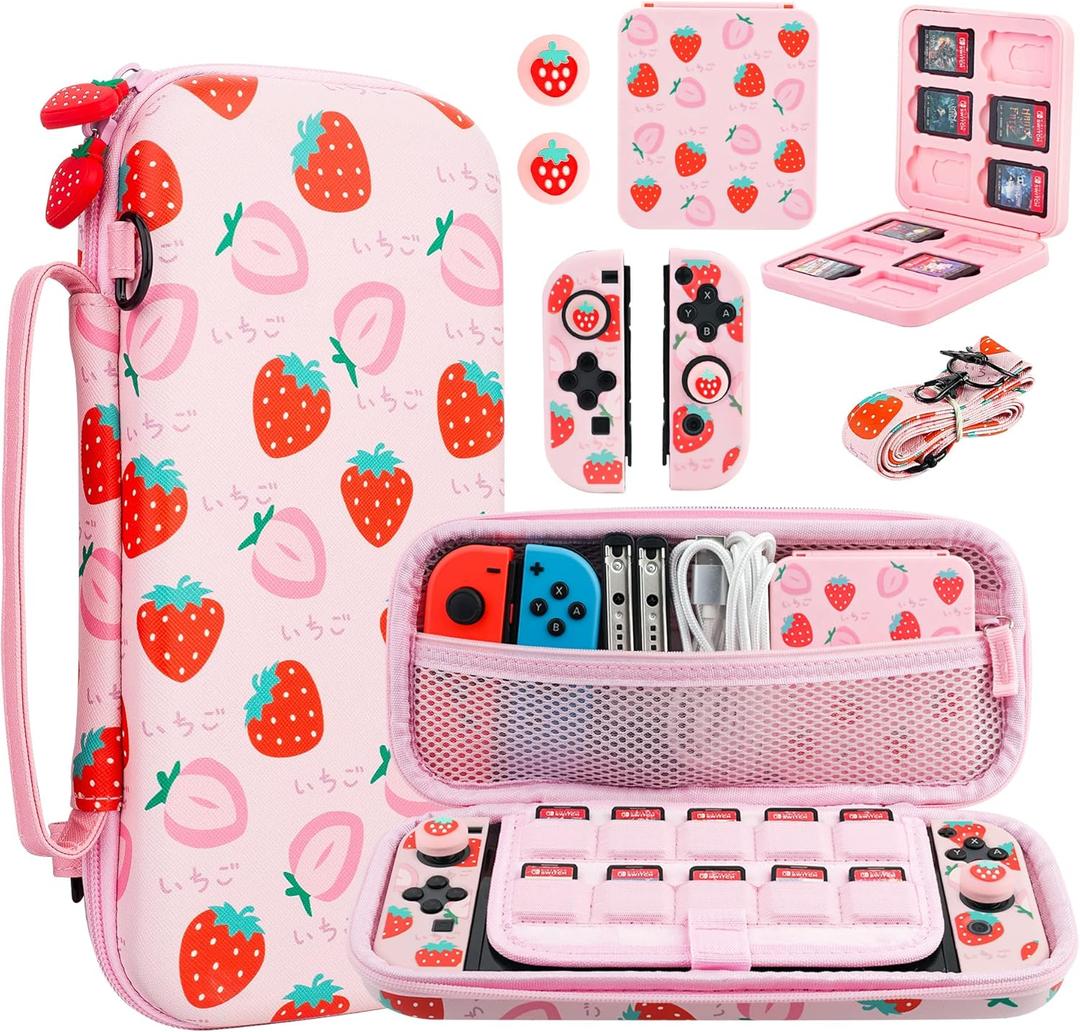FANPL Pink Carrying Case for Nintendo Switch and Switch OLED Cover, Strawberry Travel Case Bundle with 2 Joy con Shells, 2 Thumb Grip Caps, Adjustable Shoulder Strap, Portable Switch Accessories Bag