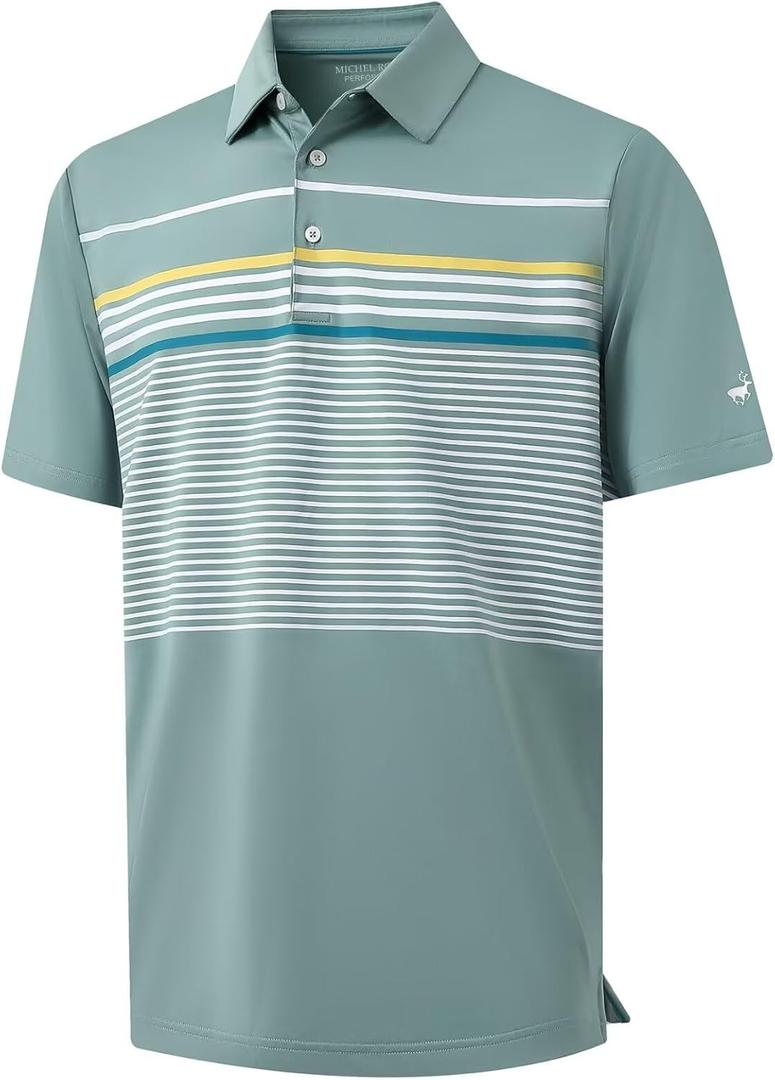 Rouen Mens Polo Shirts Short Sleeve Dry Fit Lightweight Performance Casual Athletic Striped Print Golf Shirts for Men (S)