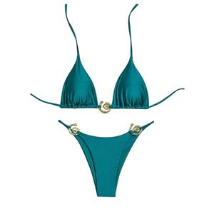 OYOANGLE Women's 2 Piece Bikini Set Spaghetti Strap Halter Swimsuit High Cut Bathing Suits Teal Blue Medium