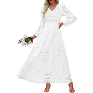 Women's Long Puff Sleeve Floral Maxi Dress V Neck Lace Eyelet Hollow Out A Line Flowy Boho Spring Wedding Guest Party Dresses