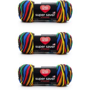 Red Heart Super Saver Primary Stripes Yarn - 3 Pack of 141g/5oz - Acrylic - 4 Medium (Worsted) - 236 Yards - Knitting/Crochet