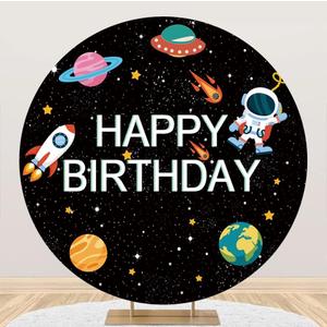 Leyiyi 7.2x7.2ft Cartoon Happy Birthday Round Backdrop Astronaut Universe Planet Space Photography Background Black Sky Round Backdrop Children Boys Birthday Carnival Party Photo Studio Props
