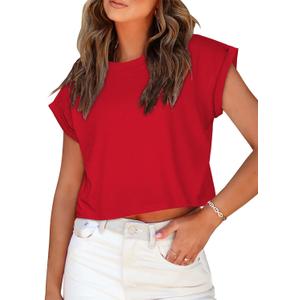 Summer Short Sleeve Crop Tops Womens Crewneck Roll Cap Sleeve T Shirts Loose Fit Basic Tees (Red, S)