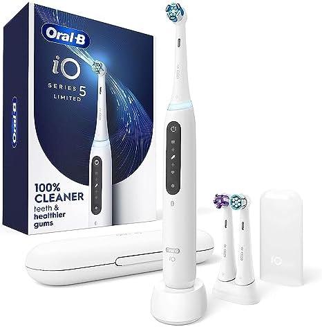 Oral-B iO Deep Clean + Whiten Rechargeable Electric Toothbrush with Visible Pressure Sensor, 2 Minute Timer, 5 Cleaning Settings, 1 iO5 Limited, 3 Toothbrush Heads, Travel Case & Refill Holder, White