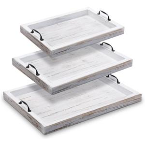 3 Pieces Rustic Wooden Serving Trays with Handles Farmhouse Food Serving Trays Vintage Wooden Food Trays Platters Nesting Decorative Trays for Coffee Table Party Kitchen Decoration