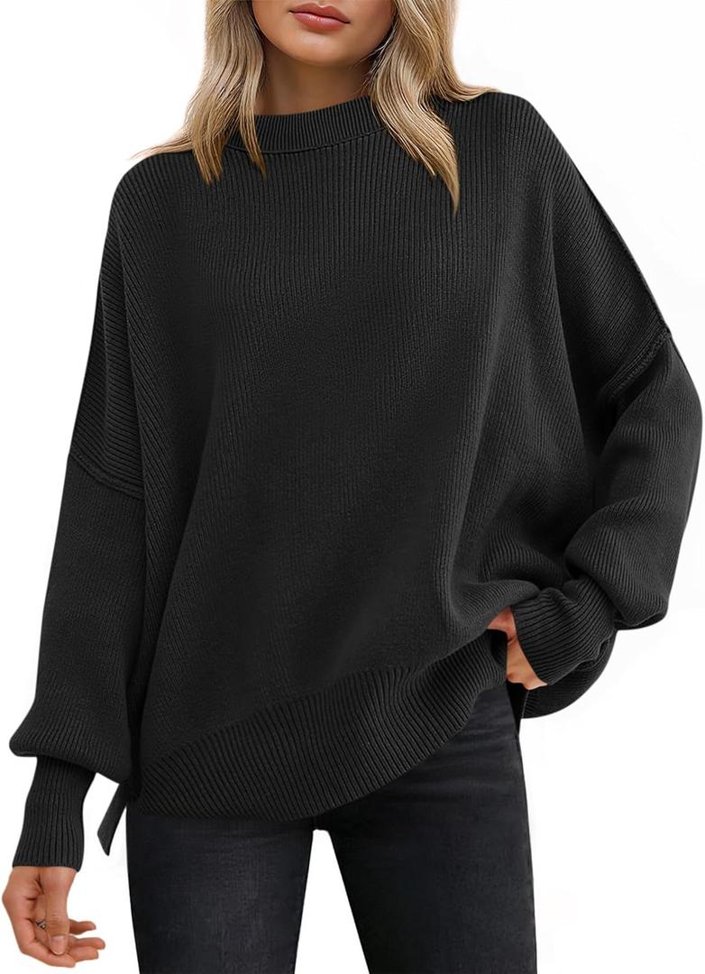 ANRABESS Women Oversized Sweaters Batwing Long Sleeve 2025 Fall Outfits Crewneck Casual Knit Side Slit Fashion Pullover Top (Large, Black)