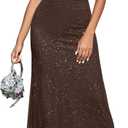 KUTUMAI Women Off Shoulder Bodycon Maxi Long Dress Mesh Ruched Elegant Formal Wedding Guest Dresses (Large, Sequin Brown)